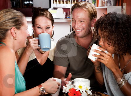 To use this stock image in your creative project, please select the size you need over to the right and click the "Add to Cart" button.
Your downloaded image will come with the Cutcaster watermark removed so don’t worry about the watermark you see on this page. Four Friends in a Coffee House stock photo, Diverse group of four friends in a coffee house by Scott Griessel