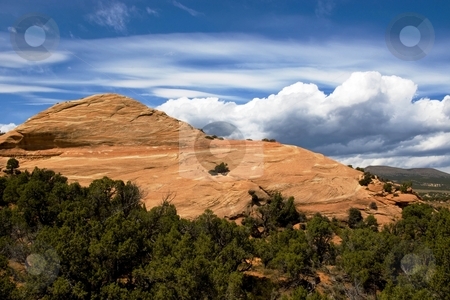 To use this stock image in your creative project, please select the size you need over to the right and click the "Add to Cart" button.
Your downloaded image will come with the Cutcaster watermark removed so don’t worry about the watermark you see on this page. Petrified Dune stock photo, Small hill of red sandstone with bright clouds behind. by Andrew Orlemann