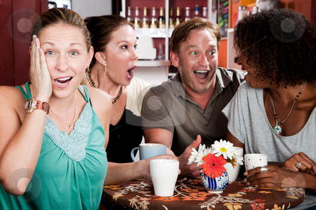To use this stock image in your creative project, please select the size you need over to the right and click the "Add to Cart" button.
Your downloaded image will come with the Cutcaster watermark removed so don’t worry about the watermark you see on this page. Four Friends Gossiping in a Coffee House stock photo, Four adult gossiping friends meeting in a coffee house by Scott Griessel