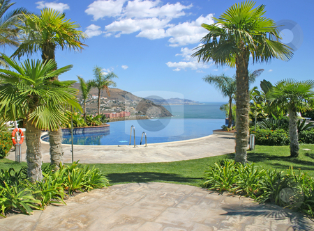 To use this stock image in your creative project, please select the size you need over to the right and click the "Add to Cart" button.
Your downloaded image will come with the Cutcaster watermark removed so don’t worry about the watermark you see on this page. Infinity swimming pool 2 stock photo, An infinity pool, surrounded with tropical foliage and with mountains and sea in the background by Darren Booth