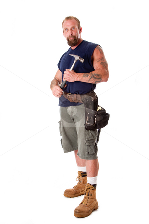To use this stock image in your creative project, please select the size you need over to the right and click the "Add to Cart" button.
Your downloaded image will come with the Cutcaster watermark removed so don’t worry about the watermark you see on this page. Man with hammer stock photo, Big Caucasian guy with tattoos standing with hammer in his hands and wearing a tool belt, isolated. by Paul Hakimata