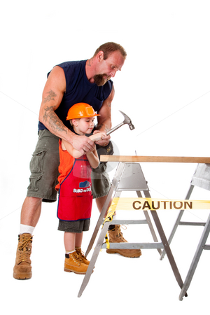 To use this stock image in your creative project, please select the size you need over to the right and click the "Add to Cart" button.
Your downloaded image will come with the Cutcaster watermark removed so don’t worry about the watermark you see on this page. Father teaching son construction stock photo, Caucasian father teaching his cute son how to hild a hammer and hit a nail into a wooden plank, isolated. by Paul Hakimata