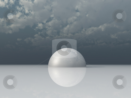 To use this stock image in your creative project, please select the size you need over to the right and click the "Add to Cart" button.
Your downloaded image will come with the Cutcaster watermark removed so don’t worry about the watermark you see on this page. Hemisphere stock photo, White hemisphere under dark cloudy sky - 3d illustration by J?