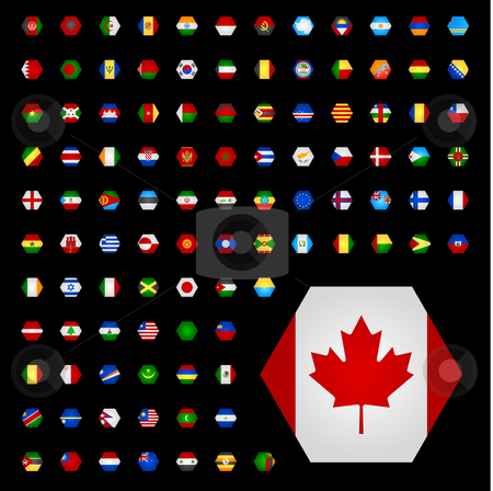 To use this stock image in your creative project, please select the size you need over to the right and click the "Add to Cart" button.
Your downloaded image will come with the Cutcaster watermark removed so don’t worry about the watermark you see on this page. 105 world flags stock vector clipart, Hexagon shaped flags with a subtile gradient by Jaka Verbic Miklic