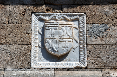 To use this stock image in your creative project, please select the size you need over to the right and click the "Add to Cart" button.
Your downloaded image will come with the Cutcaster watermark removed so don’t worry about the watermark you see on this page. Shield on the walls of the Rhodes medieval fortress. Greece. stock photo, Detail of medieval shield, Rhodes fortress, Greece. by Fernando Barozza