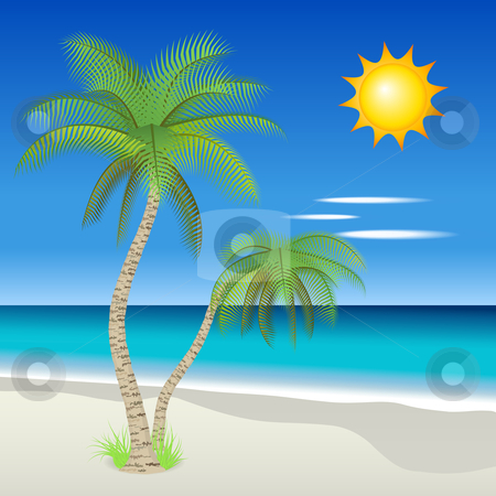 To use this stock image in your creative project, please select the size you need over to the right and click the "Add to Cart" button.
Your downloaded image will come with the Cutcaster watermark removed so don’t worry about the watermark you see on this page. Tropical beach stock vector clipart, Vector illustration of palm trees on a tropical beach by Laurent Renault