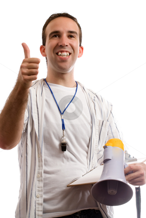 To use this stock image in your creative project, please select the size you need over to the right and click the "Add to Cart" button.
Your downloaded image will come with the Cutcaster watermark removed so don’t worry about the watermark you see on this page. Nice Effort stock photo, A young coach is giving his team a thumbs up, while holding his megaphone and clipboard by Richard Nelson