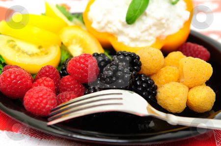 To use this stock image in your creative project, please select the size you need over to the right and click the "Add to Cart" button.
Your downloaded image will come with the Cutcaster watermark removed so don’t worry about the watermark you see on this page. Low Calorie Berry Salad stock photo, Lo-cal salad made with red and golden raspberries, blackberries, yellow heirloom tomatoes with an orange bell pepper filled with cottage cheese topped with fresh basil by Lynn Bendickson