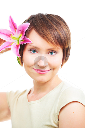 To use this stock image in your creative project, please select the size you need over to the right and click the "Add to Cart" button.
Your downloaded image will come with the Cutcaster watermark removed so don’t worry about the watermark you see on this page. Positive woman with flower stock photo, Positive woman with flower isolated over white background by Natalia Macheda