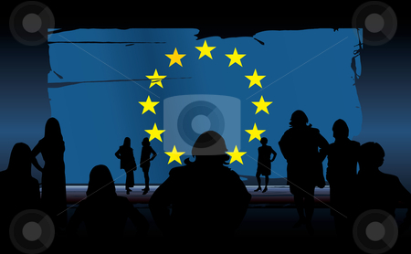 To use this stock image in your creative project, please select the size you need over to the right and click the "Add to Cart" button.
Your downloaded image will come with the Cutcaster watermark removed so don’t worry about the watermark you see on this page. European union flag stock vector clipart, Silhouettes of people in front of an european union flag by ojal_2
