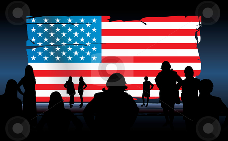 To use this stock image in your creative project, please select the size you need over to the right and click the "Add to Cart" button.
Your downloaded image will come with the Cutcaster watermark removed so don’t worry about the watermark you see on this page. American flag stock vector clipart, Silhouettes of people in front of an american flag by ojal_2