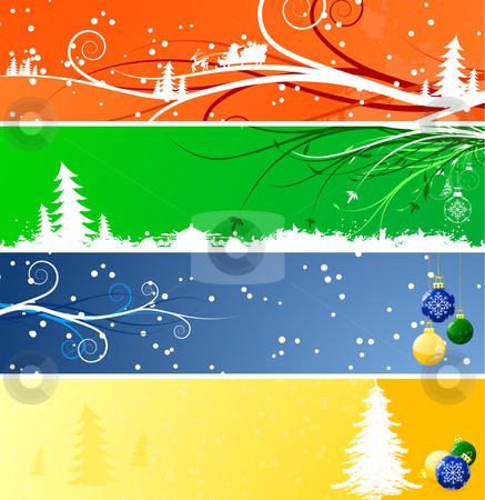 To use this stock image in your creative project, please select the size you need over to the right and click the "Add to Cart" button.
Your downloaded image will come with the Cutcaster watermark removed so don’t worry about the watermark you see on this page. Winter Christmsa banners stock vector clipart, Four color Winter Christmsa banners with trees, snow and flakes by Vadym Nechyporenko