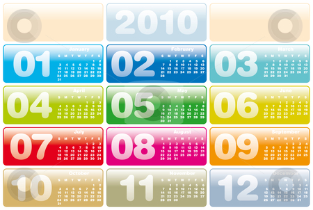To use this stock image in your creative project, please select the size you need over to the right and click the "Add to Cart" button.
Your downloaded image will come with the Cutcaster watermark removed so don’t worry about the watermark you see on this page. Colorful Calendar for 2010 stock vector clipart, Colorful Calendar for year 2010 in vector format by Germán Ariel Berra