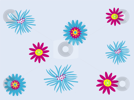 To use this stock image in your creative project, please select the size you need over to the right and click the "Add to Cart" button.
Your downloaded image will come with the Cutcaster watermark removed so don’t worry about the watermark you see on this page. Funky blue and pink flowers on pale blue background stock vector clipart, Vector illustration of funky blue and pink flowers on a pale blue background by Rachel Gordon