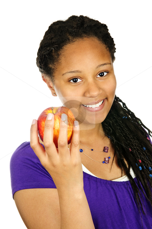 To use this stock image in your creative project, please select the size you need over to the right and click the "Add to Cart" button.
Your downloaded image will come with the Cutcaster watermark removed so don’t worry about the watermark you see on this page. Girl holding apple stock photo, Isolated portrait of black teenage girl holding apple by Elena Elisseeva