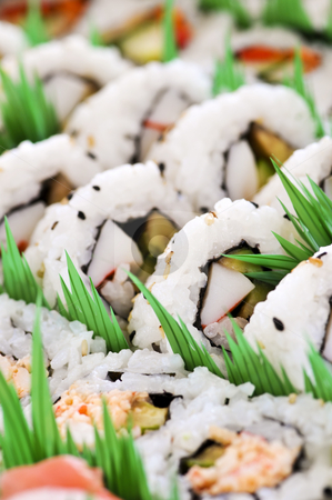 To use this stock image in your creative project, please select the size you need over to the right and click the "Add to Cart" button.
Your downloaded image will come with the Cutcaster watermark removed so don’t worry about the watermark you see on this page. Sushi platter stock photo, Close up on tray of assorted sushi appetizers by Elena Elisseeva