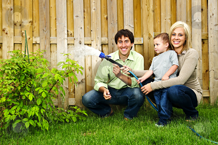To use this stock image in your creative project, please select the size you need over to the right and click the "Add to Cart" button.
Your downloaded image will come with the Cutcaster watermark removed so don’t worry about the watermark you see on this page. Family watering plant stock photo, Happy family in backyard watering plant with hose by Elena Elisseeva