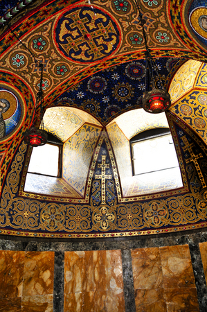 To use this stock image in your creative project, please select the size you need over to the right and click the "Add to Cart" button.
Your downloaded image will come with the Cutcaster watermark removed so don’t worry about the watermark you see on this page. Church interior stock photo, Interior of orthodox christian St. George church in Topola, Serbia by Elena Elisseeva