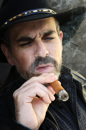 To use this stock image in your creative project, please select the size you need over to the right and click the "Add to Cart" button.
Your downloaded image will come with the Cutcaster watermark removed so don’t worry about the watermark you see on this page. Bearded man smoking cigar stock photo, Man with beard in cowboy hat smoking cigar by Elena Elisseeva