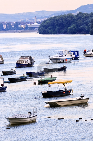 To use this stock image in your creative project, please select the size you need over to the right and click the "Add to Cart" button.
Your downloaded image will come with the Cutcaster watermark removed so don’t worry about the watermark you see on this page. River boats on Danube stock photo, Many small fishing boats anchored on Danube river. View from Zemun part of Belgrade. by Elena Elisseeva