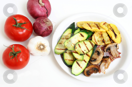 To use this stock image in your creative project, please select the size you need over to the right and click the "Add to Cart" button.
Your downloaded image will come with the Cutcaster watermark removed so don’t worry about the watermark you see on this page. Mushrooms And Grilled Squash stock photo, Grilled Zucchini and yellow Summer Squash on a white plate with tomatoes, onions and Garlic by Lynn Bendickson