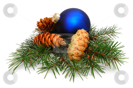 To use this stock image in your creative project, please select the size you need over to the right and click the "Add to Cart" button.
Your downloaded image will come with the Cutcaster watermark removed so don’t worry about the watermark you see on this page. Christmas Decoration stock photo, Blue Christmas ornament with Fir pine cones on top of pines boughs by Lynn Bendickson