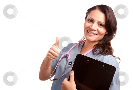 To use this stock image in your creative project, please select the size you need over to the right and click the "Add to Cart" button.
Your downloaded image will come with the Cutcaster watermark removed so don’t worry about the watermark you see on this page. Attractive Hispanic Doctor or Nurse stock photo, Attractive Hispanic Doctor or Nurse with Clipboard Isolated on a White Background. by Andy Dean