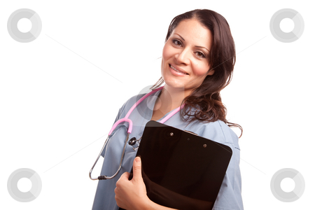 To use this stock image in your creative project, please select the size you need over to the right and click the "Add to Cart" button.
Your downloaded image will come with the Cutcaster watermark removed so don’t worry about the watermark you see on this page. Attractive Hispanic Doctor or Nurse stock photo, Attractive Hispanic Doctor or Nurse with Clipboard Isolated on a White Background. by Andy Dean