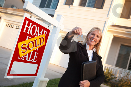 To use this stock image in your creative project, please select the size you need over to the right and click the "Add to Cart" button.
Your downloaded image will come with the Cutcaster watermark removed so don’t worry about the watermark you see on this page. Female Real Estate Agent Handing Over the House Keys stock photo, Female Real Estate Agent Handing Over the House Keys in Front of a Beautiful New Home and Real Estate Sign. by Andy Dean