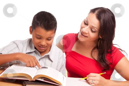 To use this stock image in your creative project, please select the size you need over to the right and click the "Add to Cart" button.
Your downloaded image will come with the Cutcaster watermark removed so don’t worry about the watermark you see on this page. Attractive Hispanic Mother and Son Studying stock photo, Attractive Hispanic Mother and Son Studying Isolated on a White Background. by Andy Dean