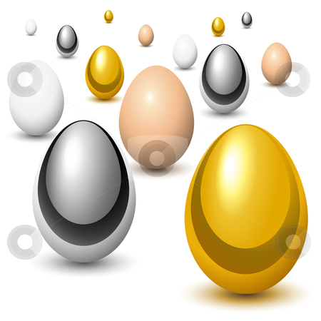 To use this stock image in your creative project, please select the size you need over to the right and click the "Add to Cart" button.
Your downloaded image will come with the Cutcaster watermark removed so don’t worry about the watermark you see on this page. Eggs reproduction stock vector clipart, Golden, chrome and natural eggs in perspective by Laurent Renault