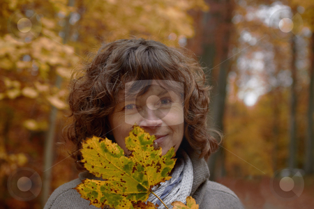 To use this stock image in your creative project, please select the size you need over to the right and click the "Add to Cart" button.
Your downloaded image will come with the Cutcaster watermark removed so don’t worry about the watermark you see on this page. Autumn - middle aged woman looking at you behind a maple leaf stock photo, Autumn - middle aged woman looking at you from behind a maple leaf by Phillip Dyhr Hobbs