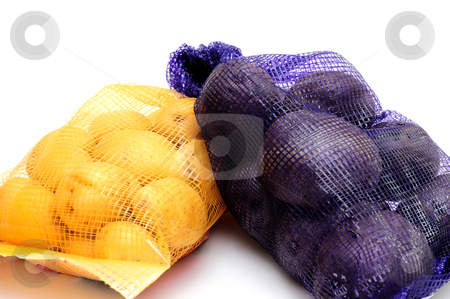 To use this stock image in your creative project, please select the size you need over to the right and click the "Add to Cart" button.
Your downloaded image will come with the Cutcaster watermark removed so don’t worry about the watermark you see on this page. Exotic Potatoes stock photo, Dutch yellow and Peruvian purple potatoes in mesh bags that match the color of the potato isolated on a white background by Lynn Bendickson