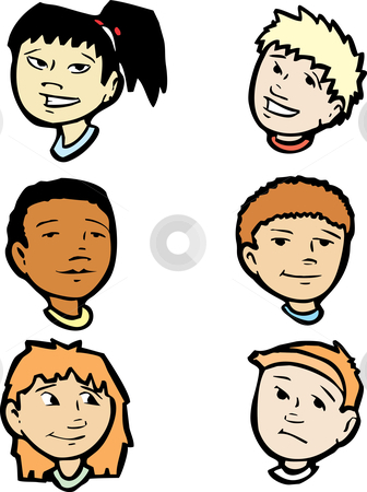 To use this stock image in your creative project, please select the size you need over to the right and click the "Add to Cart" button.
Your downloaded image will come with the Cutcaster watermark removed so don’t worry about the watermark you see on this page. Group of Heads #2 stock vector clipart, Group of six children s heads of differing ethnic groups. by Jeffrey Thompson