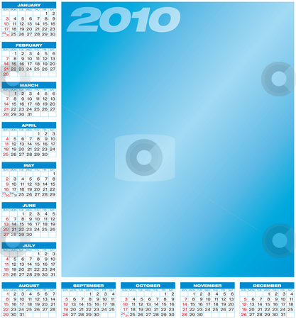 To use this stock image in your creative project, please select the size you need over to the right and click the "Add to Cart" button.
Your downloaded image will come with the Cutcaster watermark removed so don’t worry about the watermark you see on this page. Blue Calendar 2010 stock vector clipart, Blue Calendar for year 2010, in vector format. by Germán Ariel Berra