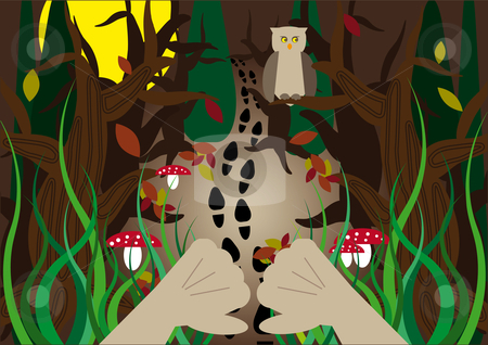 To use this stock image in your creative project, please select the size you need over to the right and click the "Add to Cart" button.
Your downloaded image will come with the Cutcaster watermark removed so don’t worry about the watermark you see on this page. Hidden forest tracks stock vector clipart, Hidden human foot prints in the middle of a autumn forest by Karin Claus