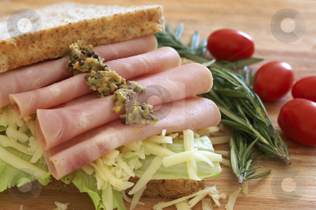To use this stock image in your creative project, please select the size you need over to the right and click the "Add to Cart" button.
Your downloaded image will come with the Cutcaster watermark removed so don’t worry about the watermark you see on this page. Tasty open sandwich on wholewheat bread stock photo, Tasty open sandwich with green lettuce, grated cheese, smoked ham and wholegrain mustard on wholewheat bread with rosemary and tomatoes on chopping board by Elena Weber (nee Talberg)