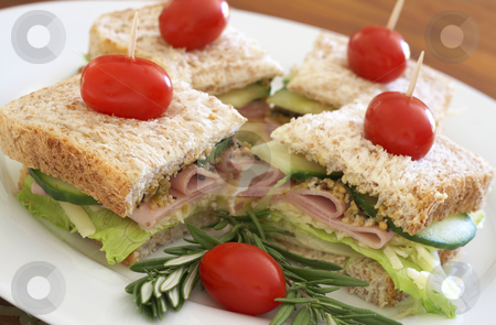 To use this stock image in your creative project, please select the size you need over to the right and click the "Add to Cart" button.
Your downloaded image will come with the Cutcaster watermark removed so don’t worry about the watermark you see on this page. Tasty club sandwich on wholewheat bread stock photo, Tasty club sandwich with green lettuce, cheese, smoked ham and wholegrain mustard on wholewheat bread with rosemary and tomatoes on white plate by Elena Weber (nee Talberg)