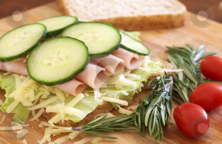 To use this stock image in your creative project, please select the size you need over to the right and click the "Add to Cart" button.
Your downloaded image will come with the Cutcaster watermark removed so don’t worry about the watermark you see on this page. Tasty open sandwich on wholewheat bread stock photo, Tasty open sandwich with green lettuce, grated cheese, smoked ham and cucumber on wholewheat bread with rosemary and tomatoes on chopping board by Elena Weber (nee Talberg)