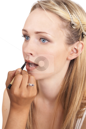 To use this stock image in your creative project, please select the size you need over to the right and click the "Add to Cart" button.
Your downloaded image will come with the Cutcaster watermark removed so don’t worry about the watermark you see on this page. Portrait of beautiful blonde woman stock photo, Portrait of a beautiful blonde woman with light blue eyes and natural make-up being applied by artist isolated on white background by Elena Weber (nee Talberg)