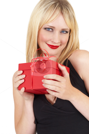 To use this stock image in your creative project, please select the size you need over to the right and click the "Add to Cart" button.
Your downloaded image will come with the Cutcaster watermark removed so don’t worry about the watermark you see on this page. Portrait of beautiful blonde woman stock photo, Portrait of a beautiful blonde woman with light blue eyes and dramatic make-up holding a red gift box isolated on white background by Elena Weber (nee Talberg)