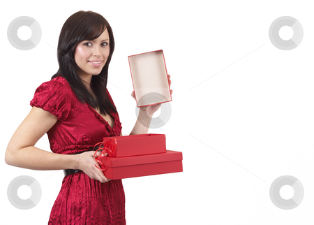 To use this stock image in your creative project, please select the size you need over to the right and click the "Add to Cart" button.
Your downloaded image will come with the Cutcaster watermark removed so don’t worry about the watermark you see on this page. Portrait of beautiful brunette woman stock photo, Portrait of a beautiful young brunette woman opening gift boxes at a celebration. Isolated on white background by Elena Weber (nee Talberg)