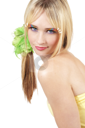 To use this stock image in your creative project, please select the size you need over to the right and click the "Add to Cart" button.
Your downloaded image will come with the Cutcaster watermark removed so don’t worry about the watermark you see on this page. Portrait of beautiful blonde woman stock photo, Portrait of a beautiful blonde woman with light blue eyes and colorful make-up isolated on white background by Elena Weber (nee Talberg)
