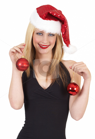 To use this stock image in your creative project, please select the size you need over to the right and click the "Add to Cart" button.
Your downloaded image will come with the Cutcaster watermark removed so don’t worry about the watermark you see on this page. Portrait of beautiful blonde woman stock photo, Portrait of a beautiful blonde woman with light blue eyes and colorful make-up wearing red Christmas hat and baubles isolated on white background by Elena Weber (nee Talberg)