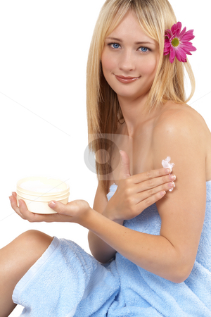 To use this stock image in your creative project, please select the size you need over to the right and click the "Add to Cart" button.
Your downloaded image will come with the Cutcaster watermark removed so don’t worry about the watermark you see on this page. Portrait of beautiful blonde woman stock photo, Beautiful blonde woman with light blue eyes and natural make-up wrapped in towel isolated on white background by Elena Weber (nee Talberg)