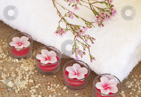 To use this stock image in your creative project, please select the size you need over to the right and click the "Add to Cart" button.
Your downloaded image will come with the Cutcaster watermark removed so don’t worry about the watermark you see on this page. Relaxing spa scene stock photo, Relaxing spa scene with a white rolled up towel, pink flowers, beautiful handmade candles and bath salts by Elena Weber (nee Talberg)