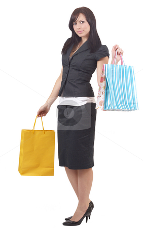 To use this stock image in your creative project, please select the size you need over to the right and click the "Add to Cart" button.
Your downloaded image will come with the Cutcaster watermark removed so don’t worry about the watermark you see on this page. Portrait of beautiful brunette woman stock photo, Portrait of a beautiful young brunette woman wearing a skirt suit and holding shopping bags. Isolated on white background by Elena Weber (nee Talberg)