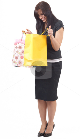 To use this stock image in your creative project, please select the size you need over to the right and click the "Add to Cart" button.
Your downloaded image will come with the Cutcaster watermark removed so don’t worry about the watermark you see on this page. Portrait of beautiful brunette woman stock photo, Portrait of a beautiful young brunette woman wearing a skirt suit looking inside shopping bags with excitement. Isolated on white background by Elena Weber (nee Talberg)