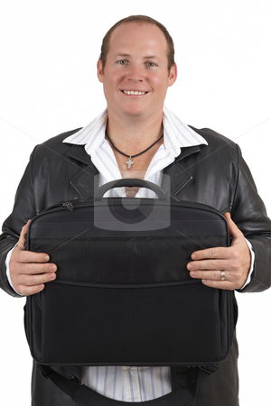 To use this stock image in your creative project, please select the size you need over to the right and click the "Add to Cart" button.
Your downloaded image will come with the Cutcaster watermark removed so don’t worry about the watermark you see on this page. Businessman holding a laptop bag stock photo, Young successful businessman wearing leather jacket holding a laptop bag and smiling. Isolated on white background by Elena Weber (nee Talberg)