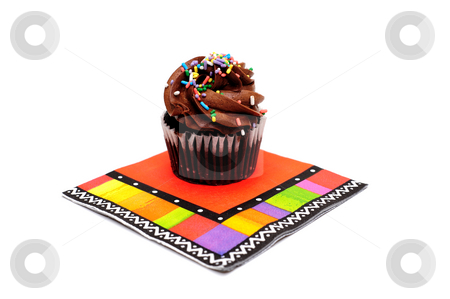 To use this stock image in your creative project, please select the size you need over to the right and click the "Add to Cart" button.
Your downloaded image will come with the Cutcaster watermark removed so don’t worry about the watermark you see on this page. Chocolate Cupcake stock photo, Single cupcake with chocolate frosting and colorful sprinkles on top of a brightly colored party napkin isolated on white by Lynn Bendickson